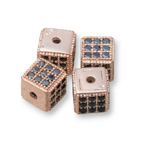 Distanziatore Di Argento 925 Cubo 5,5mm Foro Piccolo Oro Rosa Con Zirconi Nero 8pz-CONNETTORI CON STRASS | Worldofjewel.com