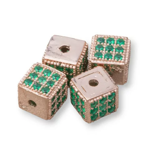 Distanziatore Di Argento 925 Cubo 5,5mm Foro Piccolo Oro Rosa Con Zirconi Smeraldo 8pz-CONNETTORI CON STRASS | Worldofjewel.com