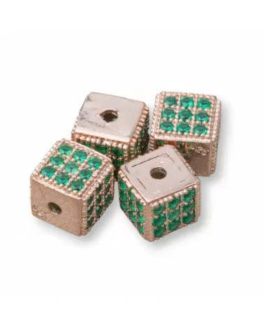 Distanziatore Di Argento 925 Cubo 5,5mm Foro Piccolo Oro Rosa Con Zirconi Smeraldo 8pz-CONNETTORI CON STRASS | Worldofjewel.com