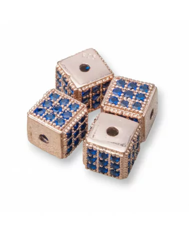 Distanziatore Di Argento 925 Cubo 5,5mm Foro Piccolo Oro Rosa Con Zirconi Zaffiro 8pz-CONNETTORI CON STRASS | Worldofjewel.com