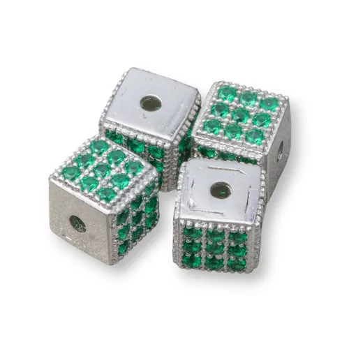 Distanziatore Di Argento 925 Cubo 5,5mm Foro Piccolo Rodiato Con Zirconi Smeraldo 8pz-CONNETTORI CON STRASS | Worldofjewel.com