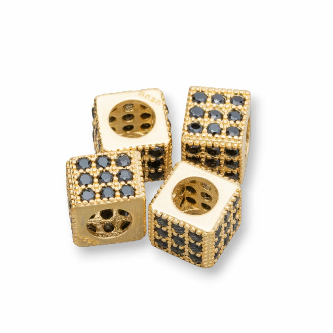 Distanziatore Di Argento 925 Cubo 6mm Foro Largo da 3,8mm Dorato Con Zirconi Nero 10pz-CONNETTORI CON STRASS | Worldofjewel.com