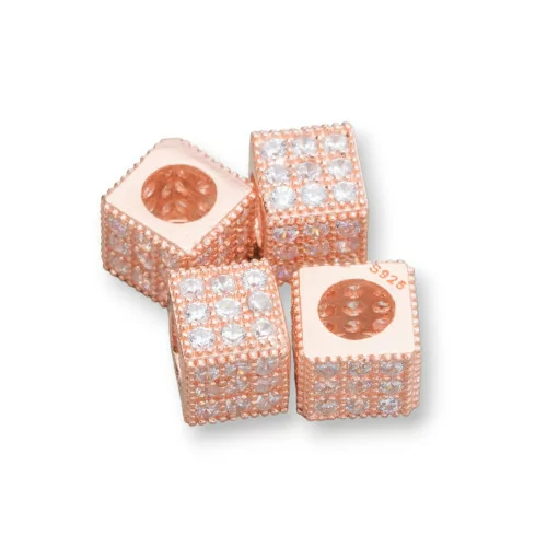 Distanziatore Di Argento 925 Cubo 6mm Foro Largo da 3,8mm Oro Rosa Con Zirconi Bianchi 10pz-CONNETTORI CON STRASS | Worldofjewel.com