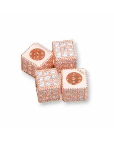 Distanziatore Di Argento 925 Cubo 6mm Foro Largo da 3,8mm Oro Rosa Con Zirconi Bianchi 10pz-CONNETTORI CON STRASS | Worldofjewel.com