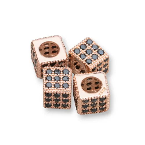 Distanziatore Di Argento 925 Cubo 6mm Foro Largo da 3,8mm Oro Rosa Con Zirconi Nero 10pz-CONNETTORI CON STRASS | Worldofjewel.com