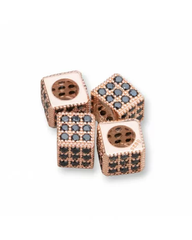 Distanziatore Di Argento 925 Cubo 6mm Foro Largo da 3,8mm Oro Rosa Con Zirconi Nero 10pz-CONNETTORI CON STRASS | Worldofjewel.com