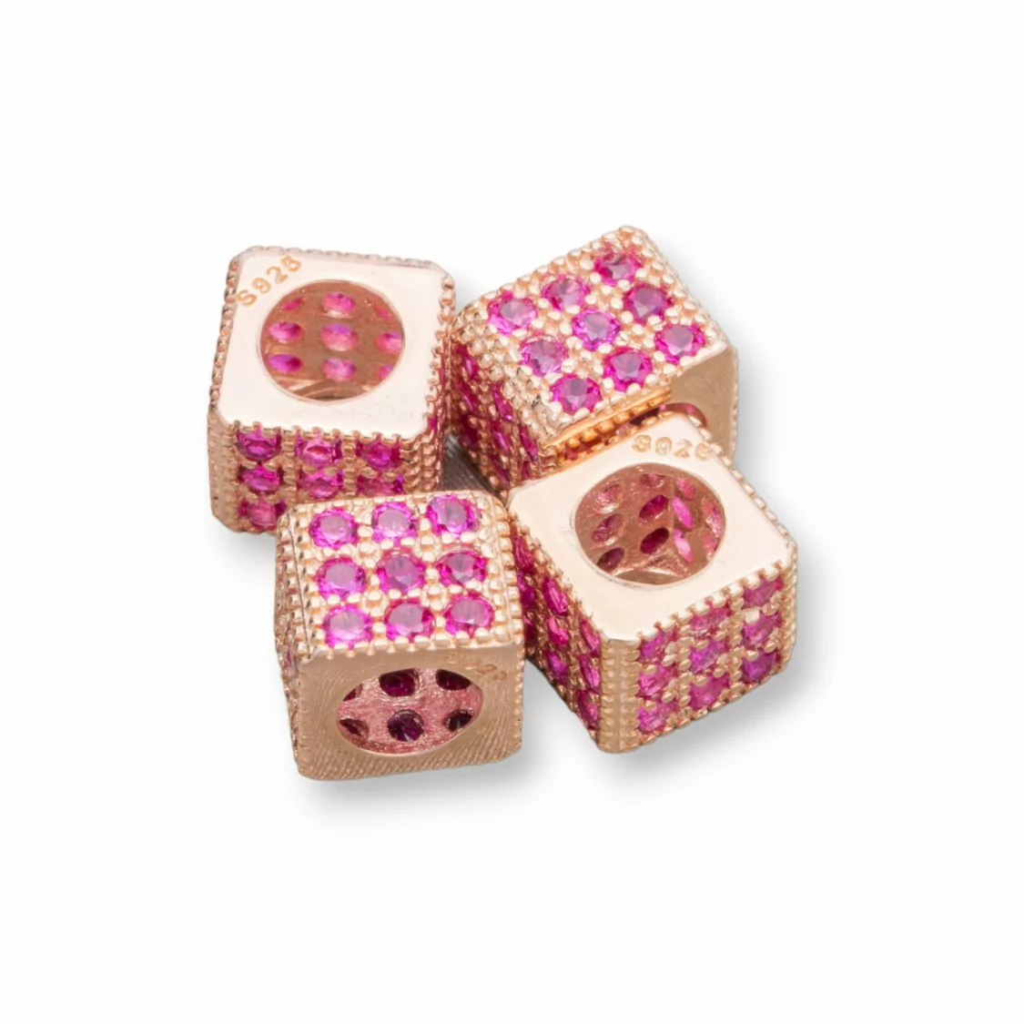 Distanziatore Di Argento 925 Cubo 6mm Foro Largo da 3,8mm Oro Rosa Con Zirconi Ruby 10pz-CONNETTORI CON STRASS | Worldofjewel.com