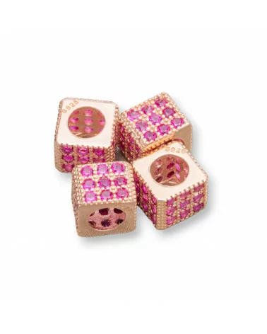 Distanziatore Di Argento 925 Cubo 6mm Foro Largo da 3,8mm Oro Rosa Con Zirconi Ruby 10pz-CONNETTORI CON STRASS | Worldofjewel.com