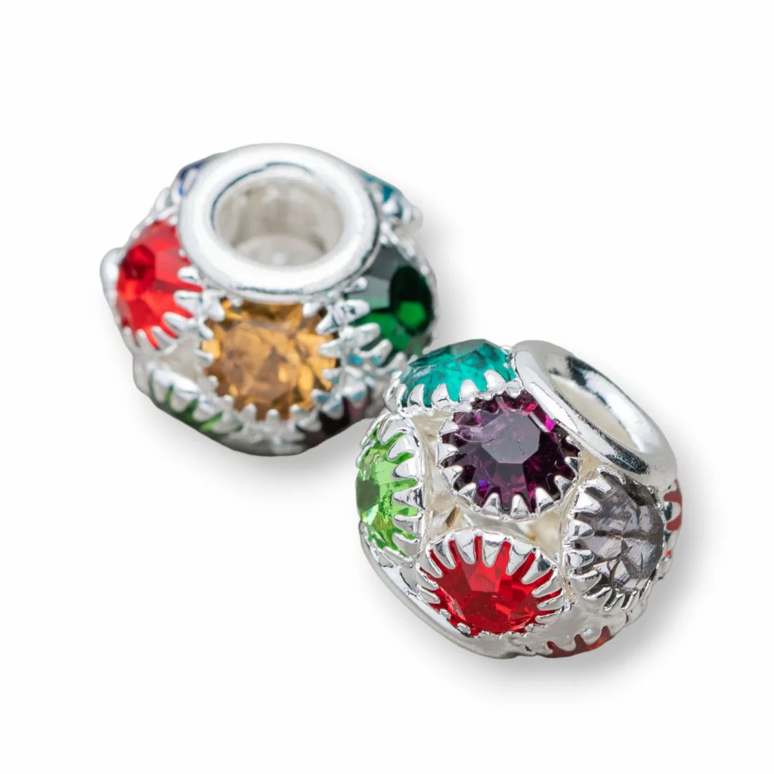 Distanziatore Palline Di Ottone E Strass 10mm Foro Largo 40pz Multicolor Argentato-PALLINE STRASS | Worldofjewel.com