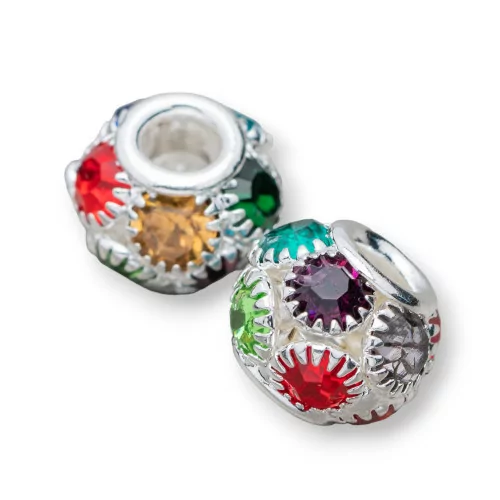 Distanziatore Palline Di Ottone E Strass 12mm Foro Largo 34pz Multicolor Argentato-PALLINE STRASS | Worldofjewel.com