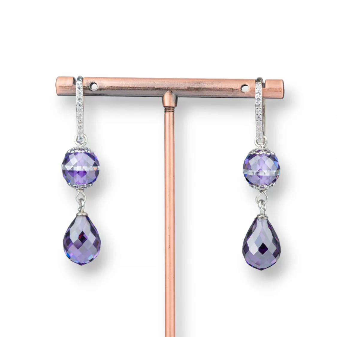 Orecchini A Monachella Di Argento 925 Con Zirconi A Sfera Sfaccettata E Gocce Briollette Sfaccettate Viola 10x50mm-ARGENTO 925 DESIGN ITALY | Worldofjewel.com