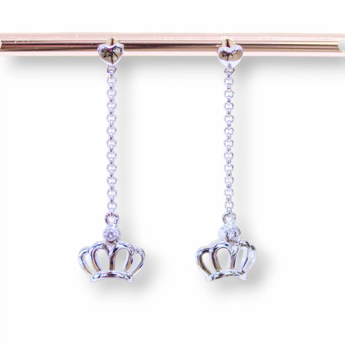 Orecchini A Perno Di Argento 925 Con Catena Rolo' Cuore E Corona 12x40mm-ARGENTO 925 DESIGN ITALY | Worldofjewel.com