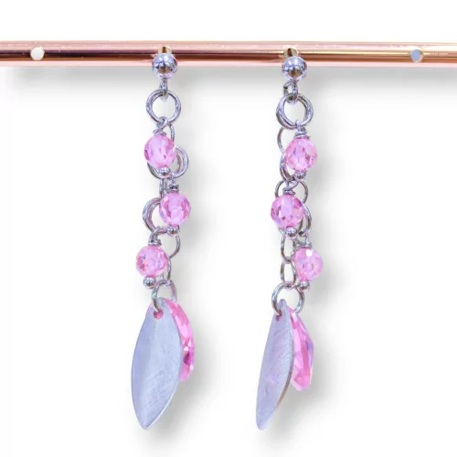 Orecchini A Perno Di Argento 925 Con Foglie Di Argento E Zirconi Ovali Sfaccettati Rosa 15x50mm-ARGENTO 925 DESIGN ITALY | Worldofjewel.com