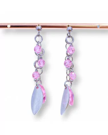 Orecchini A Perno Di Argento 925 Con Foglie Di Argento E Zirconi Ovali Sfaccettati Rosa 15x50mm-ARGENTO 925 DESIGN ITALY | Worldofjewel.com