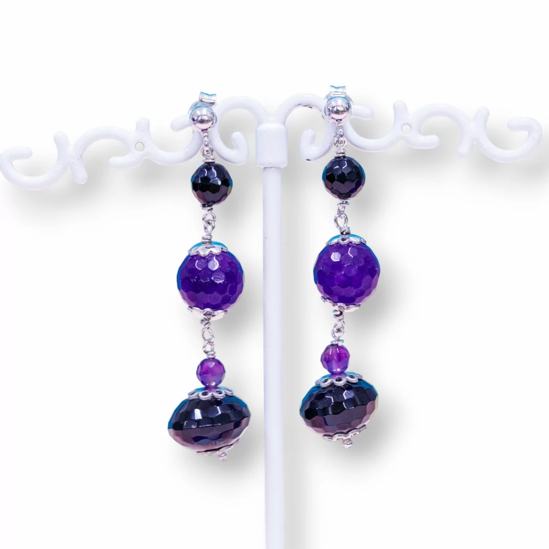 Orecchini A Perno Di Argento 925 Con Onice E Giada Viola Sfaccettata 12x50mm-ARGENTO 925 DESIGN ITALY | Worldofjewel.com