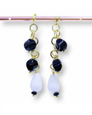 Orecchini A Perno Di Argento 925 Con Onice Twist E Agata Bianca A Goccia 12x60mm-ARGENTO 925 DESIGN ITALY | Worldofjewel.com