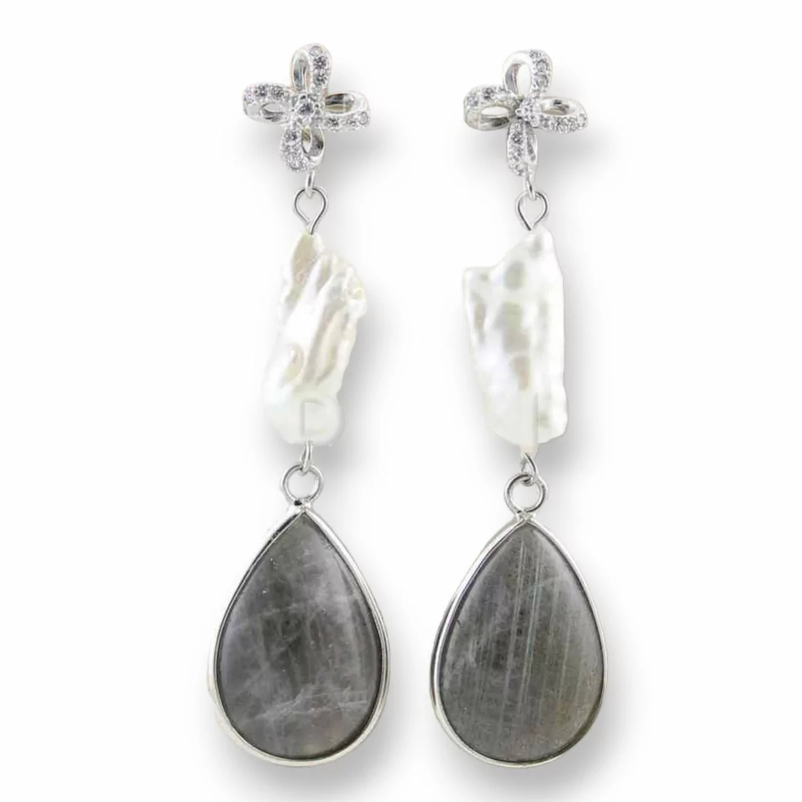 Orecchini A Perno Di Argento 925 Con Perle Di Fiume E Goccia Di Labradorite 15x58mm-ARGENTO 925 FANTASIA | Worldofjewel.com