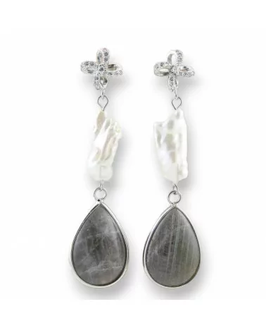 Orecchini A Perno Di Argento 925 Con Perle Di Fiume E Goccia Di Labradorite 15x58mm-ARGENTO 925 FANTASIA | Worldofjewel.com