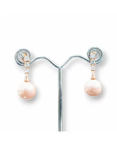 Orecchini A Perno Di Argento 925 Con Punti Luce E Perle Di Maiorca 14x34mm Rosa-ARGENTO 925 DESIGN ITALY | Worldofjewel.com