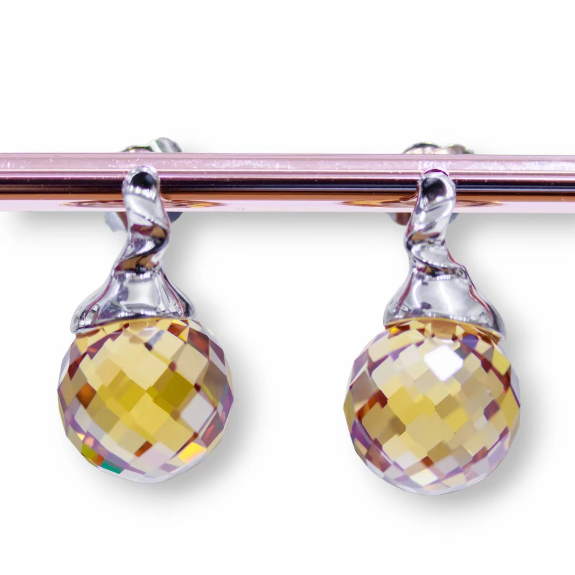 Orecchini A Perno Di Argento 925 Con Sfera Di Zirconi Champagne 12x22mm-ARGENTO 925 DESIGN ITALY | Worldofjewel.com