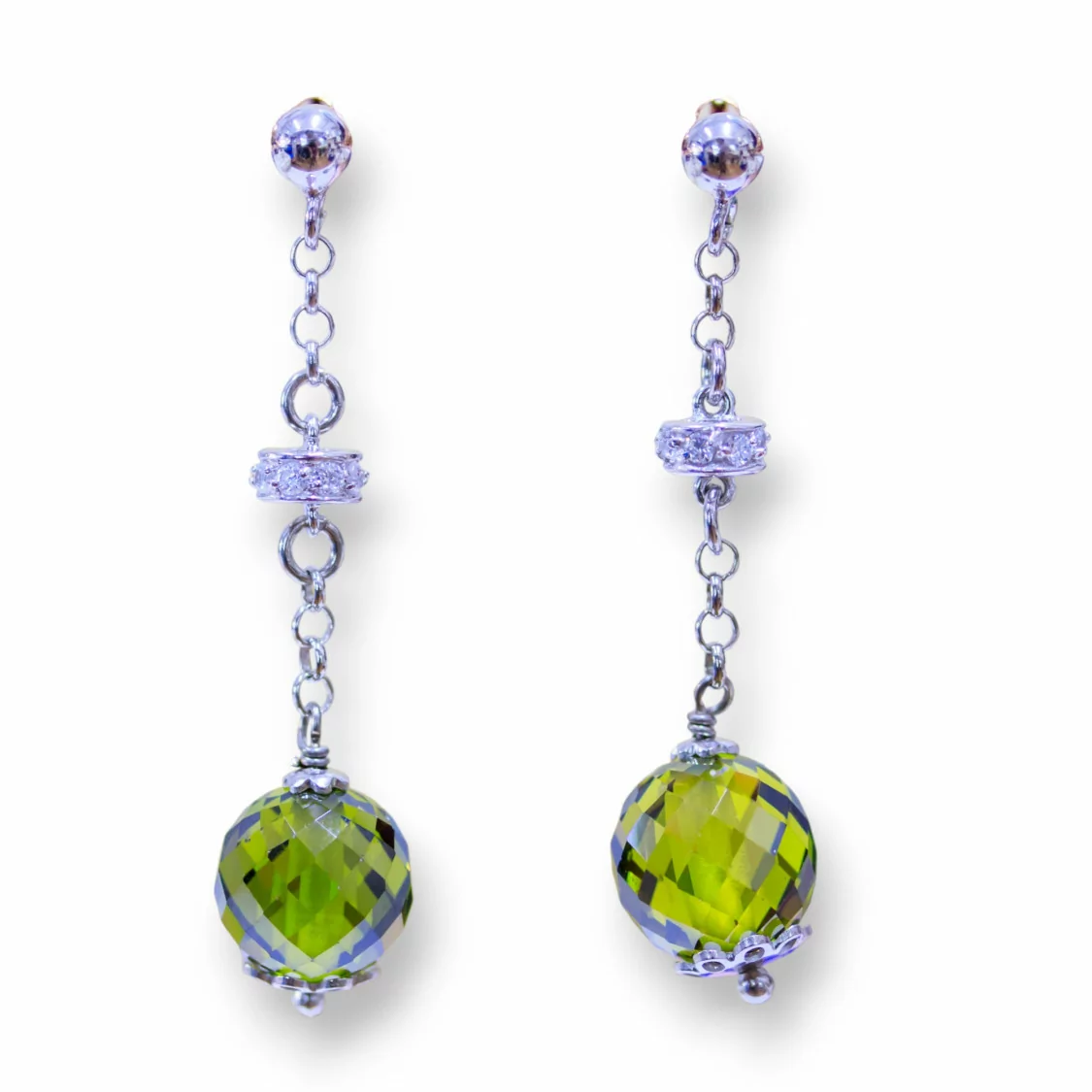 Orecchini A Perno Di Argento 925 Con Zirconi A Sfera Sfaccettata Peridot E Rondelle Zirconate 10x45mm-ARGENTO 925 DESIGN ITALY | Worldofjewel.com