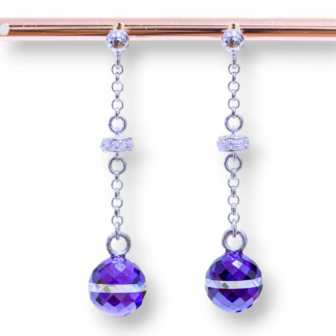 Orecchini A Perno Di Argento 925 Con Zirconi A Sfera Sfaccettata 10mm Viola Bicolore E Rondelle Zirconate-ARGENTO 925 DESIGN ITALY | Worldofjewel.com