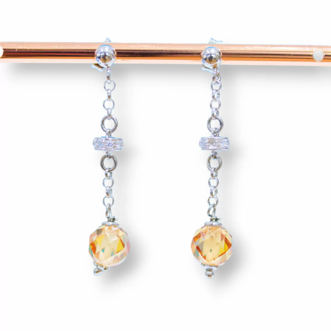 Orecchini A Perno Di Argento 925 Con Zirconi A Sfera Sfaccettata 8mm Arancio E Rondelle Zirconate 8x45mm-ARGENTO 925 DESIGN ITALY | Worldofjewel.com