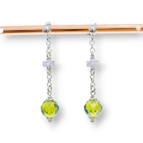 Orecchini A Perno Di Argento 925 Con Zirconi A Sfera Sfaccettata Peridot E Rondelle Zirconate 8x40mm-ARGENTO 925 DESIGN ITALY | Worldofjewel.com