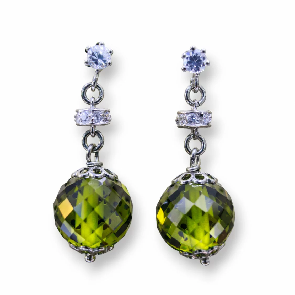 Orecchini A Perno Di Argento 925 Con Zirconi A Sfera Sfaccettata E Rondelle Zirconate Peridot 12x33mm-ARGENTO 925 DESIGN ITALY | Worldofjewel.com