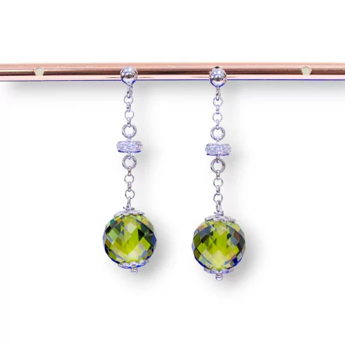 Orecchini A Perno Di Argento 925 Con Zirconi A Sfera Sfaccettata E Rondelle Zirconate Verde Peridot 12x45mm-ARGENTO 925 DESIGN ITALY | Worldofjewel.com