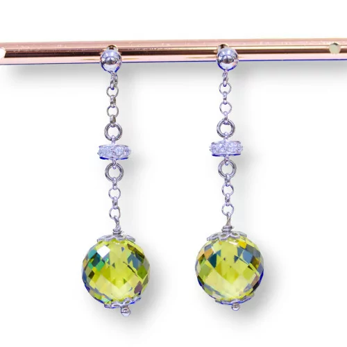 Orecchini A Perno Di Argento 925 Con Zirconi A Sfera Sfaccettata E Rondelle Zirconate Verde Peridot Chiaro 12x45mm-ARGENTO 925 DESIGN ITALY | Worldofjewel.com