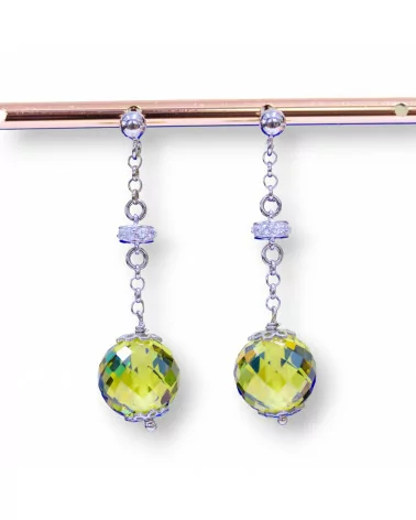 Orecchini A Perno Di Argento 925 Con Zirconi A Sfera Sfaccettata E Rondelle Zirconate Verde Peridot Chiaro 12x45mm-ARGENTO 925 DESIGN ITALY | Worldofjewel.com