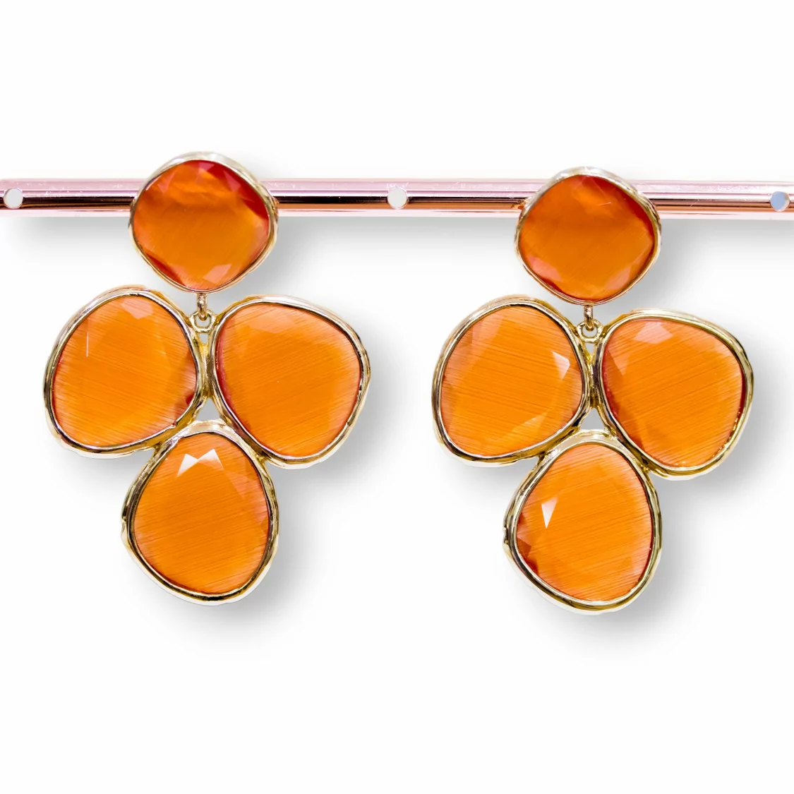 Orecchini A Perno Di Bronzo Con Occhio Di Gatto Incastonato 34x48mm Dorato Arancio-BRONZO CRYSTAL | Worldofjewel.com