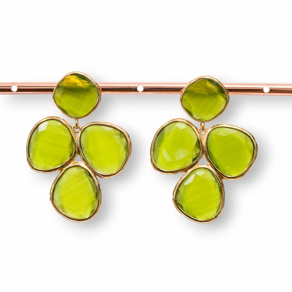 Orecchini A Perno Di Bronzo Con Occhio Di Gatto Incastonato 34x48mm Dorato Verde Acido-BRONZO CRYSTAL | Worldofjewel.com