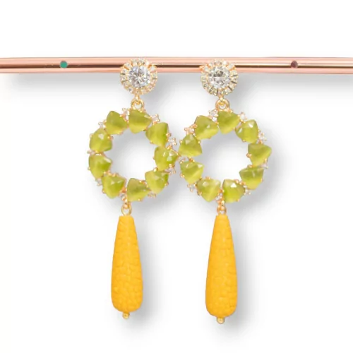 Orecchini A Perno Di Ottone Con Punto Luce E Occhio Di Gatto Incastonato E Gocce Di Resina 25x72mm Giallo-Verde-ARGENTO 925 CRYSTAL | Worldofjewel.com