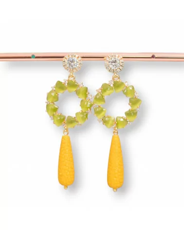 Orecchini A Perno Di Ottone Con Punto Luce E Occhio Di Gatto Incastonato E Gocce Di Resina 25x72mm Giallo-Verde-ARGENTO 925 CRYSTAL | Worldofjewel.com