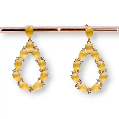 Orecchini Di Bronzo A Perno Con Occhio Di Gatto Incastonato Goccia Con Zirconi 25,5x44mm Dorato Giallo-BRONZO CRYSTAL | Worldofjewel.com