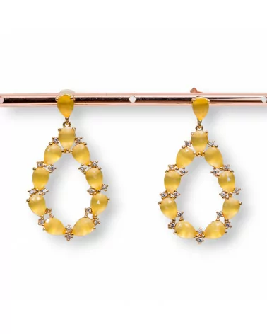 Orecchini Di Bronzo A Perno Con Occhio Di Gatto Incastonato Goccia Con Zirconi 25,5x44mm Dorato Giallo-BRONZO CRYSTAL | Worldofjewel.com