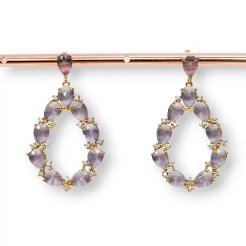 Orecchini Di Bronzo A Perno Con Occhio Di Gatto Incastonato Goccia Con Zirconi 25,5x44mm Dorato Viola-BRONZO CRYSTAL | Worldofjewel.com