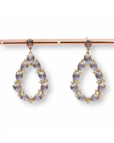 Orecchini Di Bronzo A Perno Con Occhio Di Gatto Incastonato Goccia Con Zirconi 25,5x44mm Dorato Viola-BRONZO CRYSTAL | Worldofjewel.com