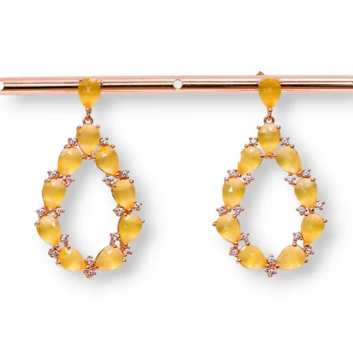 Orecchini Di Bronzo A Perno Con Occhio Di Gatto Incastonato Goccia Con Zirconi 25,5x44mm Oro Rosa Giallo-BRONZO CRYSTAL | Worldofjewel.com