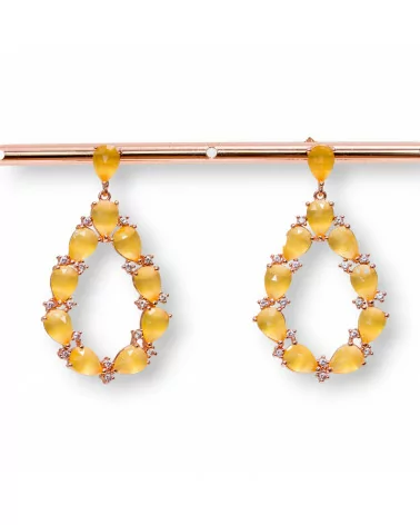 Orecchini Di Bronzo A Perno Con Occhio Di Gatto Incastonato Goccia Con Zirconi 25,5x44mm Oro Rosa Giallo-BRONZO CRYSTAL | Worldofjewel.com