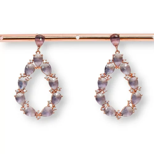 Orecchini Di Bronzo A Perno Con Occhio Di Gatto Incastonato Goccia Con Zirconi 25,5x44mm Oro Rosa Viola-BRONZO CRYSTAL | Worldofjewel.com