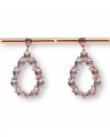 Orecchini Di Bronzo A Perno Con Occhio Di Gatto Incastonato Goccia Con Zirconi 25,5x44mm Oro Rosa Viola-BRONZO CRYSTAL | Worldofjewel.com