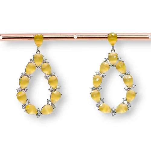 Orecchini Di Bronzo A Perno Con Occhio Di Gatto Incastonato Goccia Con Zirconi 25,5x44mm Rodiato Giallo-BRONZO CRYSTAL | Worldofjewel.com