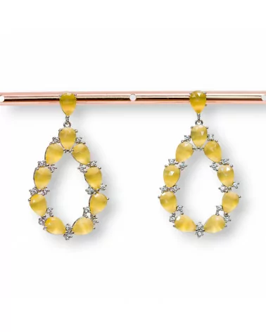 Orecchini Di Bronzo A Perno Con Occhio Di Gatto Incastonato Goccia Con Zirconi 25,5x44mm Rodiato Giallo-BRONZO CRYSTAL | Worldofjewel.com