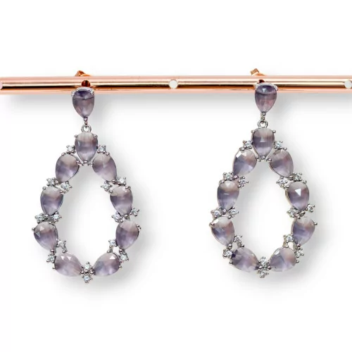 Orecchini Di Bronzo A Perno Con Occhio Di Gatto Incastonato Goccia Con Zirconi 25,5x44mm Rodiato Viola-BRONZO CRYSTAL | Worldofjewel.com