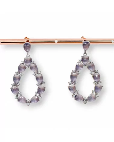 Orecchini Di Bronzo A Perno Con Occhio Di Gatto Incastonato Goccia Con Zirconi 25,5x44mm Rodiato Viola-BRONZO CRYSTAL | Worldofjewel.com