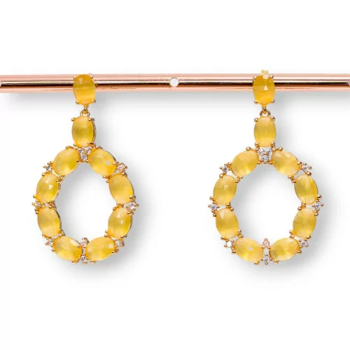 Orecchini Di Bronzo A Perno Con Occhio Di Gatto Incastonato Ovale Con Zirconi 25,5x42mm Dorato Giallo-BRONZO CRYSTAL | Worldofjewel.com