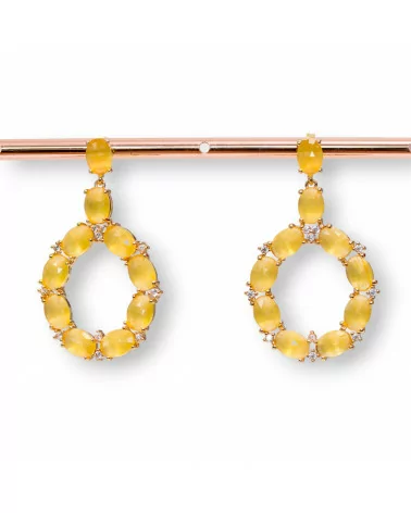 Orecchini Di Bronzo A Perno Con Occhio Di Gatto Incastonato Ovale Con Zirconi 25,5x42mm Dorato Giallo-BRONZO CRYSTAL | Worldofjewel.com